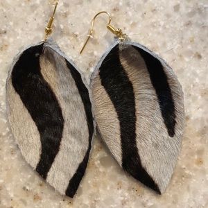 Zebra print cow hair leaf earrings